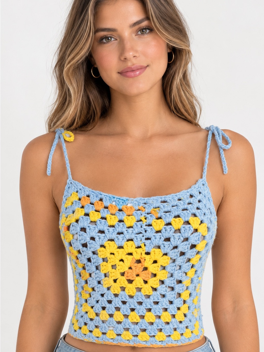 Handmade Light Blue and Yellow Crochet Camisole Top Acrylic yarn